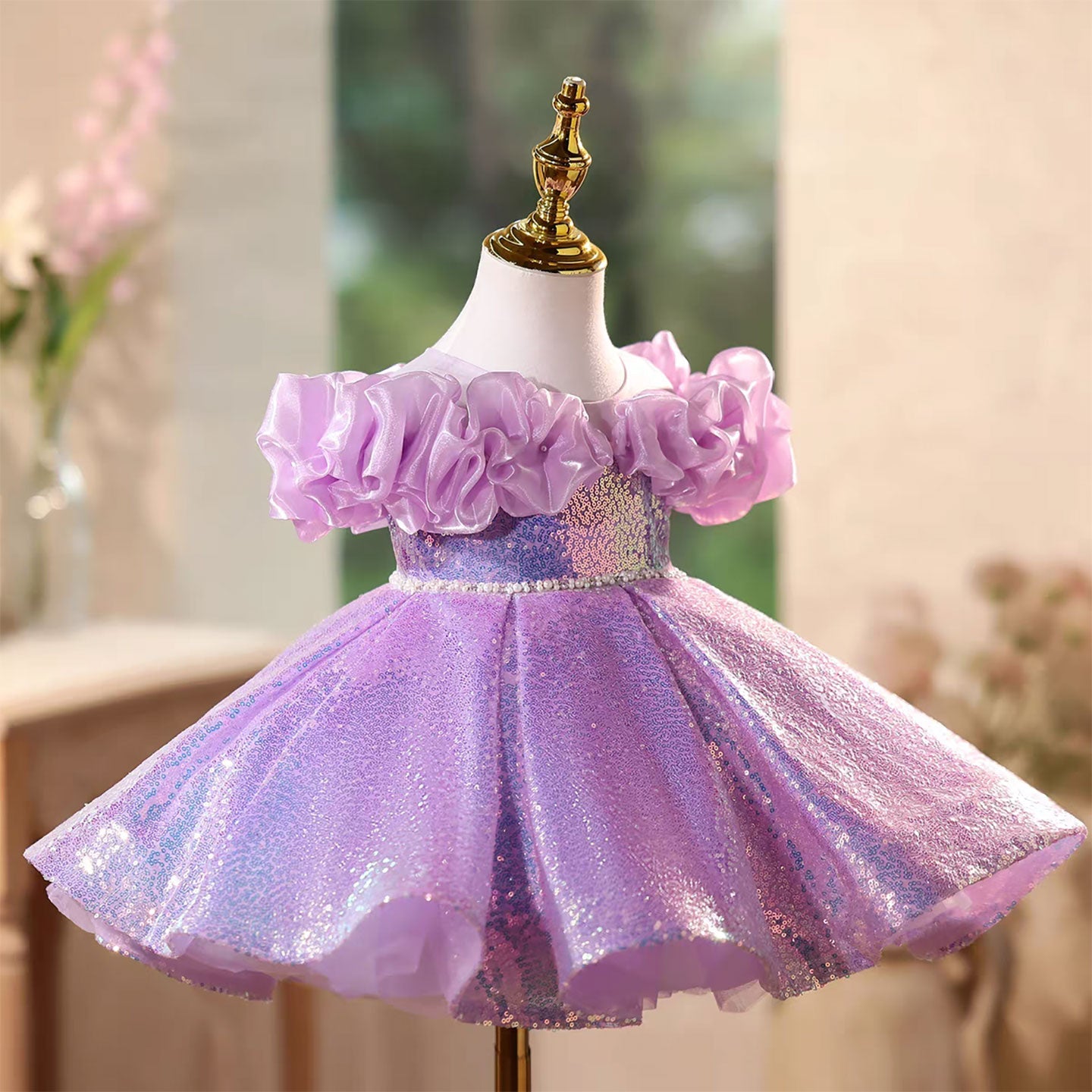 Lavender Flower Girl Dress with Sequins Pearl Accents Birthday D118