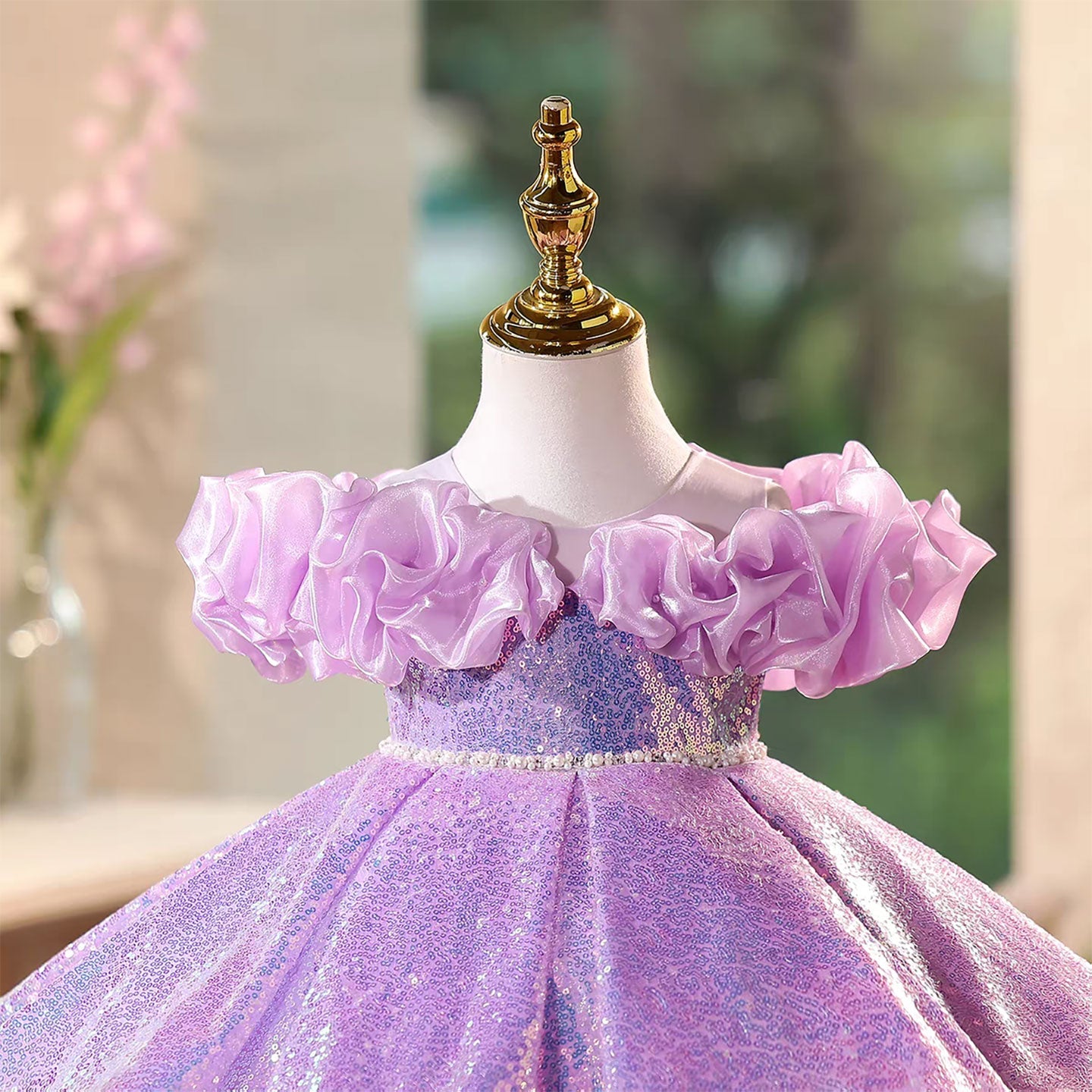 Lavender Flower Girl Dress with Sequins Pearl Accents Birthday D118