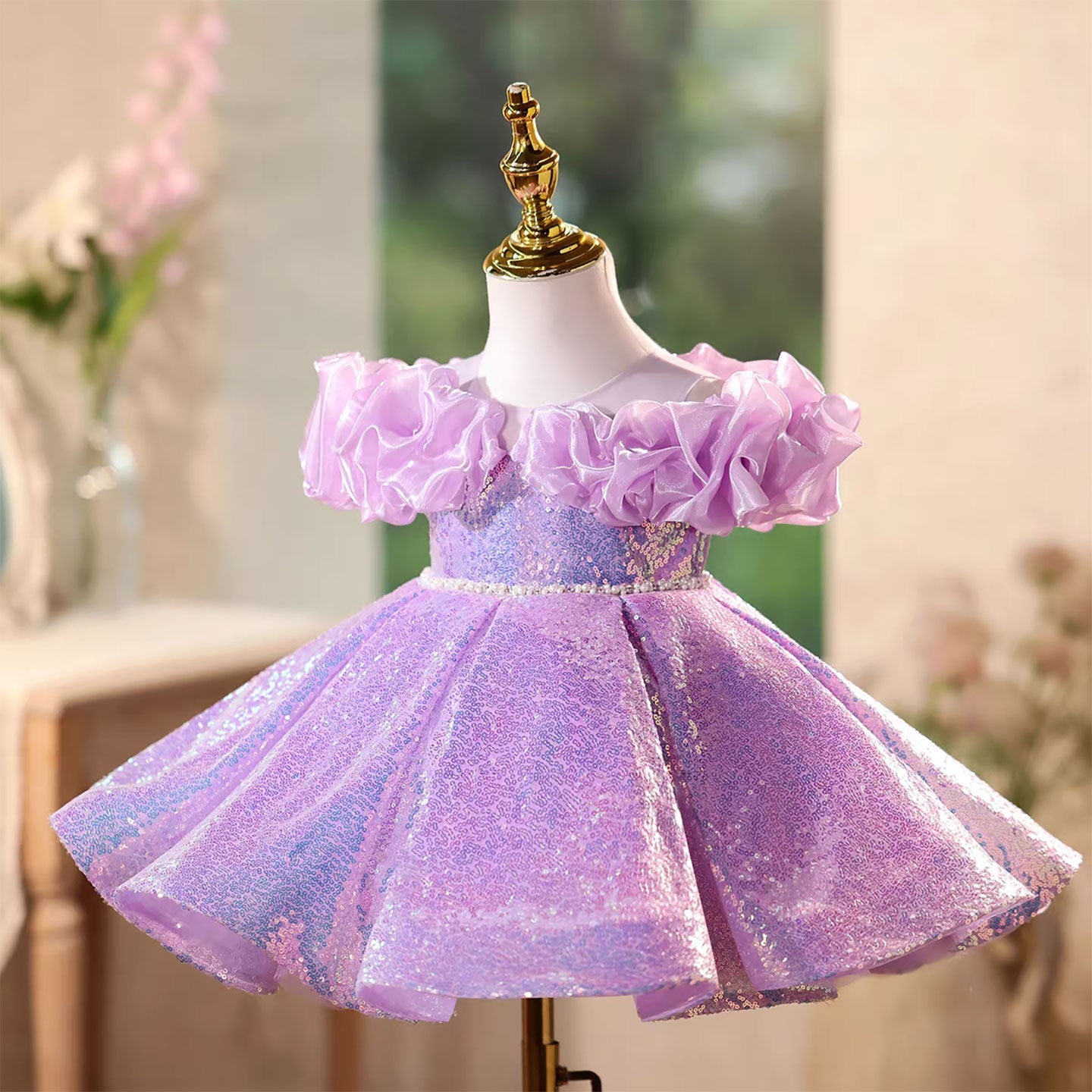 Lavender Flower Girl Dress with Sequins Pearl Accents Birthday D118