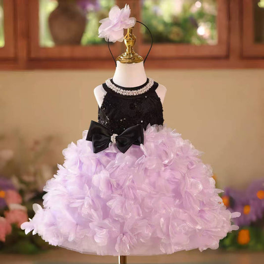 Pink Petal Sequin Flower Girl Dress for Wedding Party Photoshoot D108