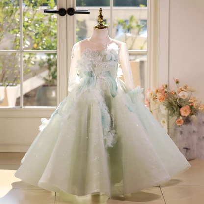 Fairy Sage Green Flower Girl Dress with 3D Floral Appliqués D009