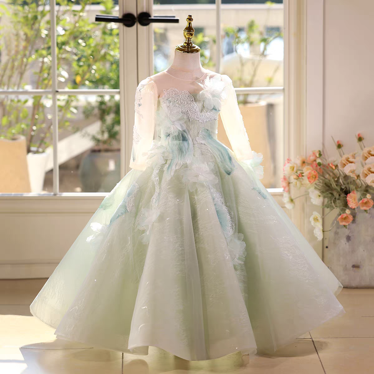 Fairy Sage Green Flower Girl Dress with 3D Floral Appliqués D009