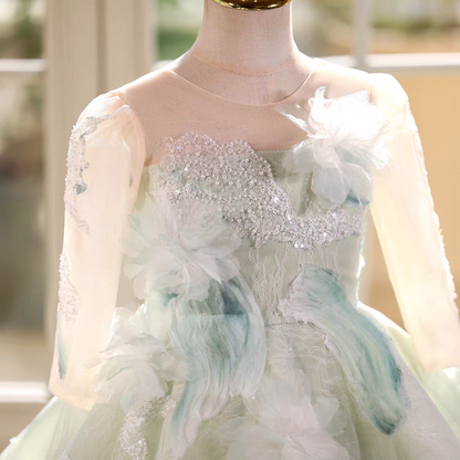 Fairy Sage Green Flower Girl Dress with 3D Floral Appliqués D009