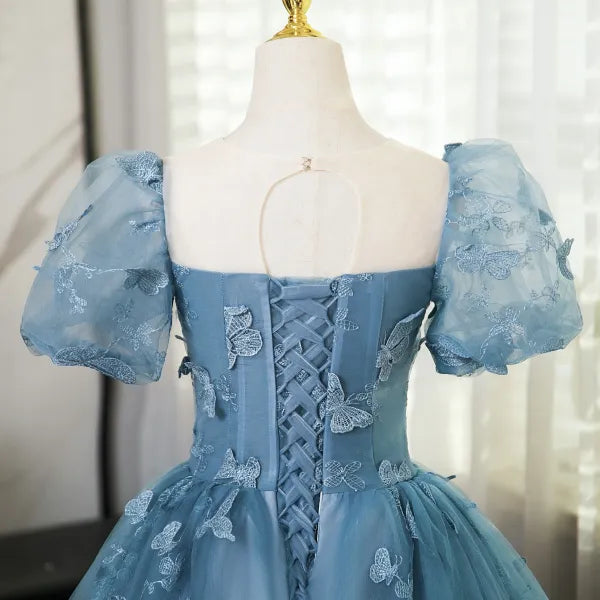 Lovely Blue Short Sleeves Long Party Dress With Butterfly Lace, Blue Prom Dress TP1024