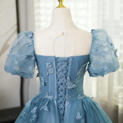 Lovely Blue Short Sleeves Long Party Dress With Butterfly Lace, Blue Prom Dress TP1024