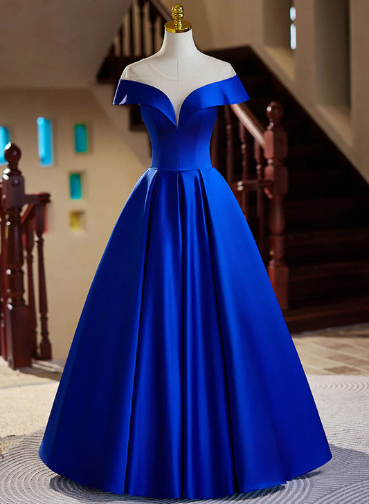 Royal Blue Satin A-line Long Evening Dress, Royal Blue Prom Dress TP1038