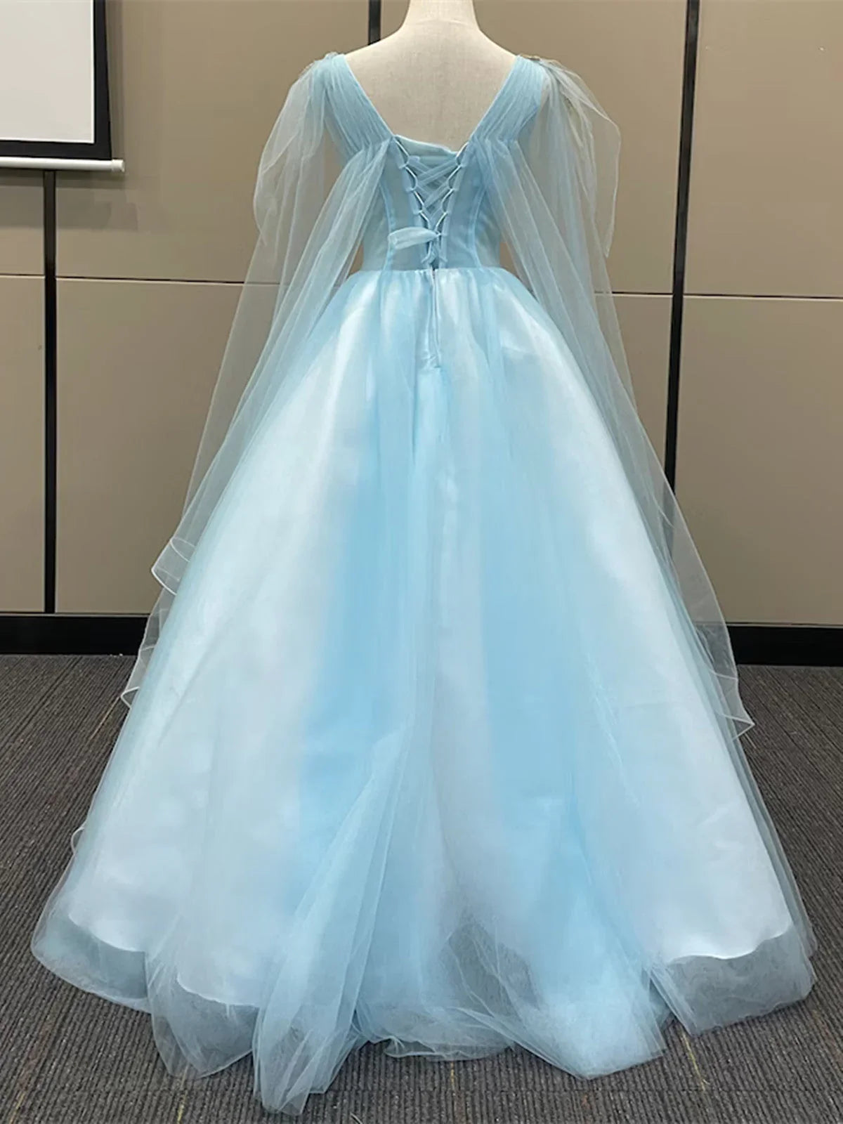 Light Blue Tulle with Gold Lace Applique Party Dress, Light Blue Prom Dress TP985