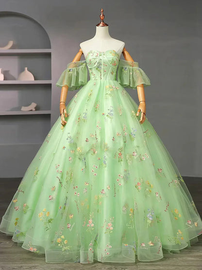Light Green Tulle Floral Straps Long Formal Dress, Light Green Prom Dress TP987