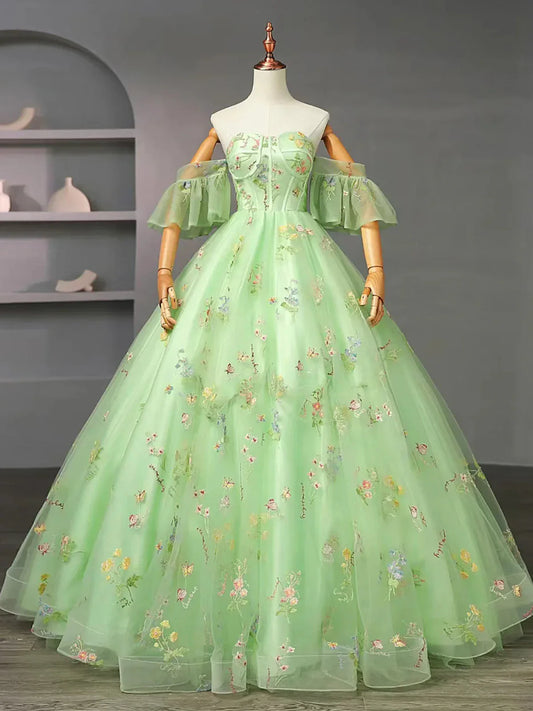Light Green Tulle Floral Straps Long Formal Dress, Light Green Prom Dress TP987