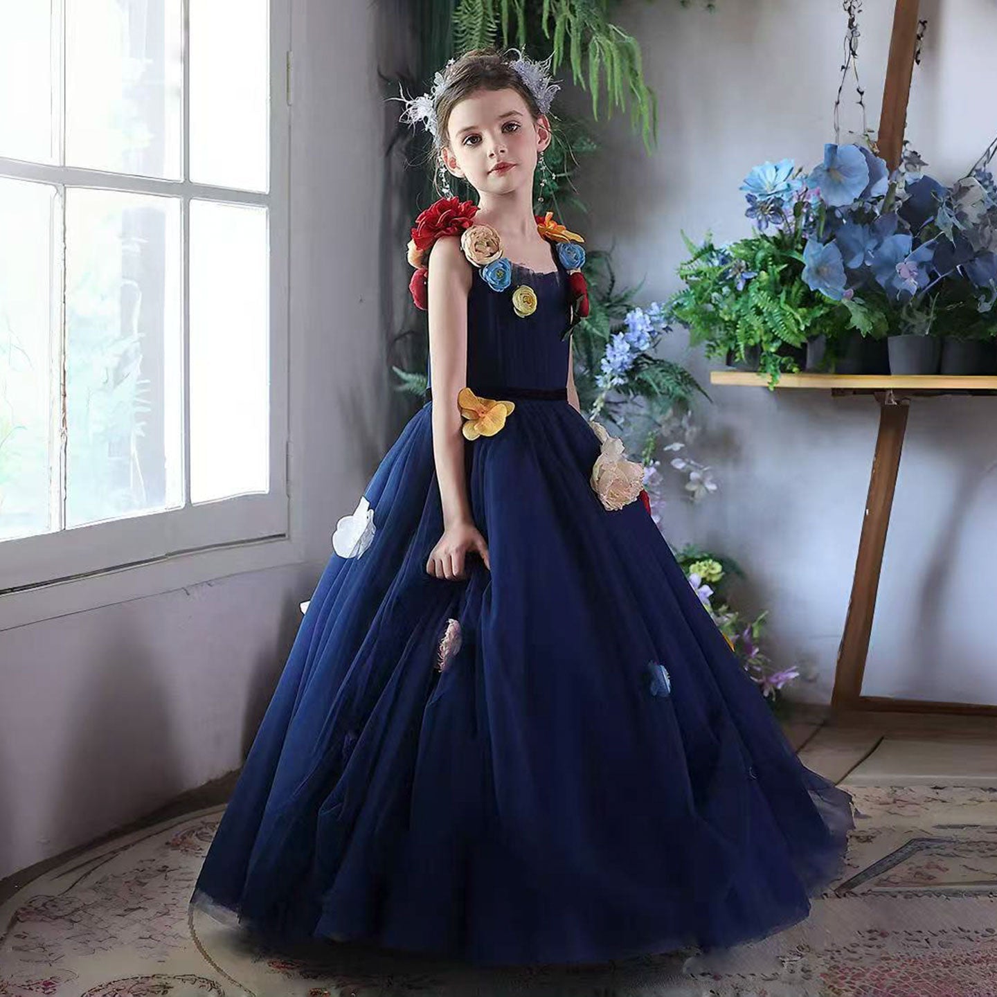 Navy Blue Flower Girl Dress with  Voluminous Tulle Skirt Birthday Party J013