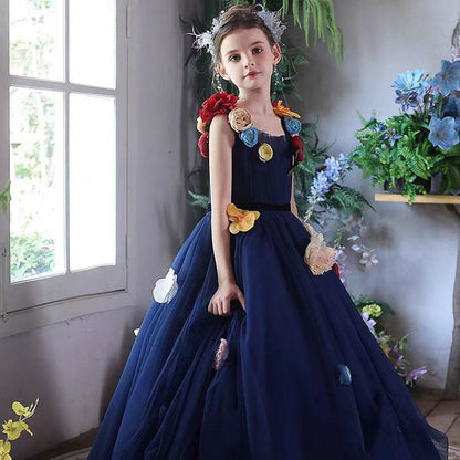 Navy Blue Flower Girl Dress with  Voluminous Tulle Skirt Birthday Party J013