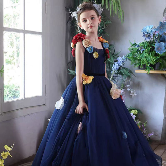 Navy Blue Flower Girl Dress with  Voluminous Tulle Skirt Birthday Party J013