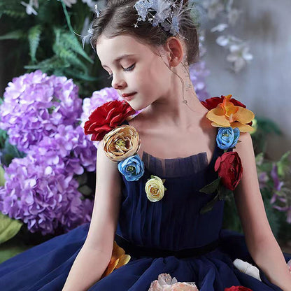 Navy Blue Flower Girl Dress with  Voluminous Tulle Skirt Birthday Party J013