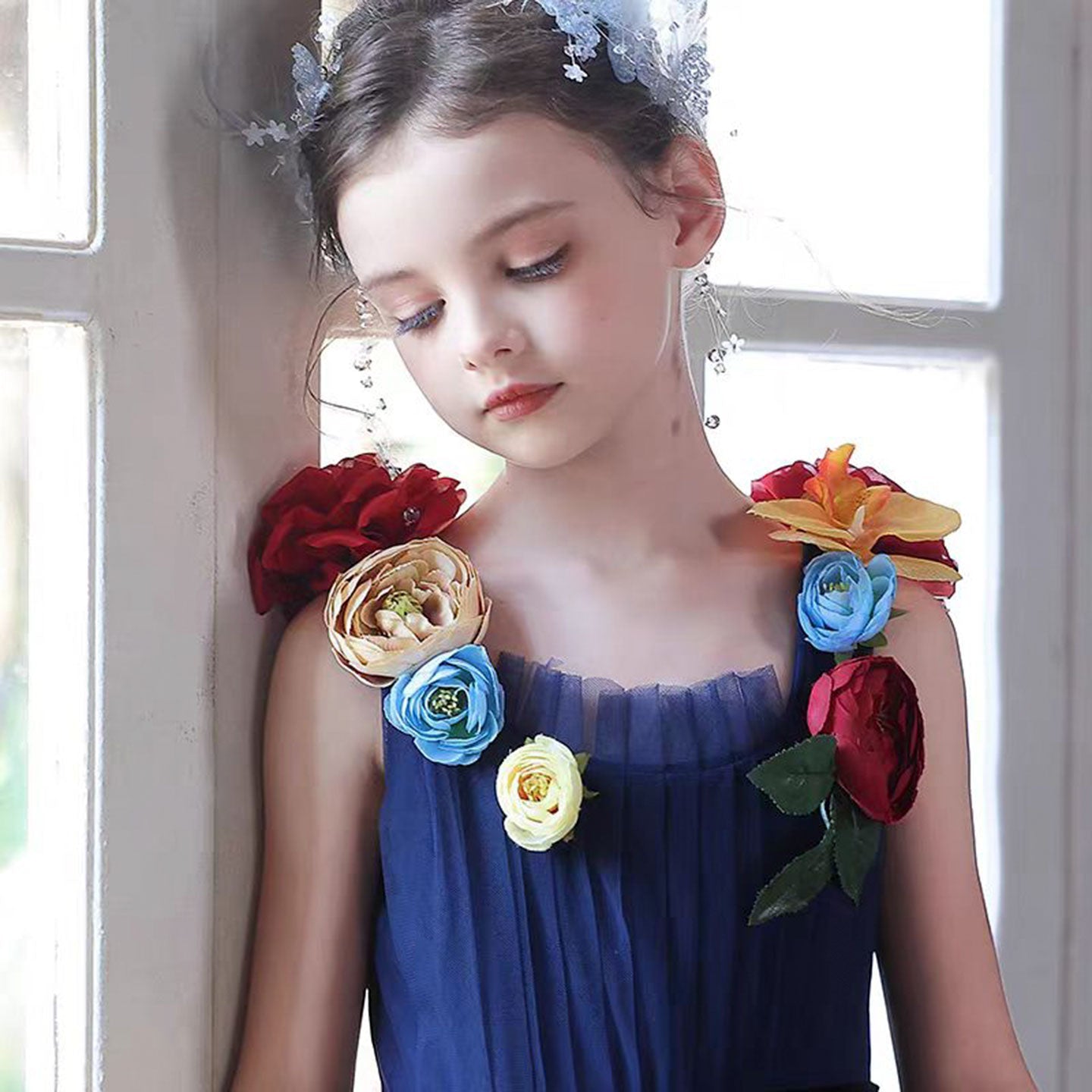 Navy Blue Flower Girl Dress with  Voluminous Tulle Skirt Birthday Party J013