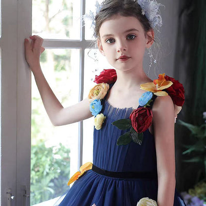 Navy Blue Flower Girl Dress with  Voluminous Tulle Skirt Birthday Party J013