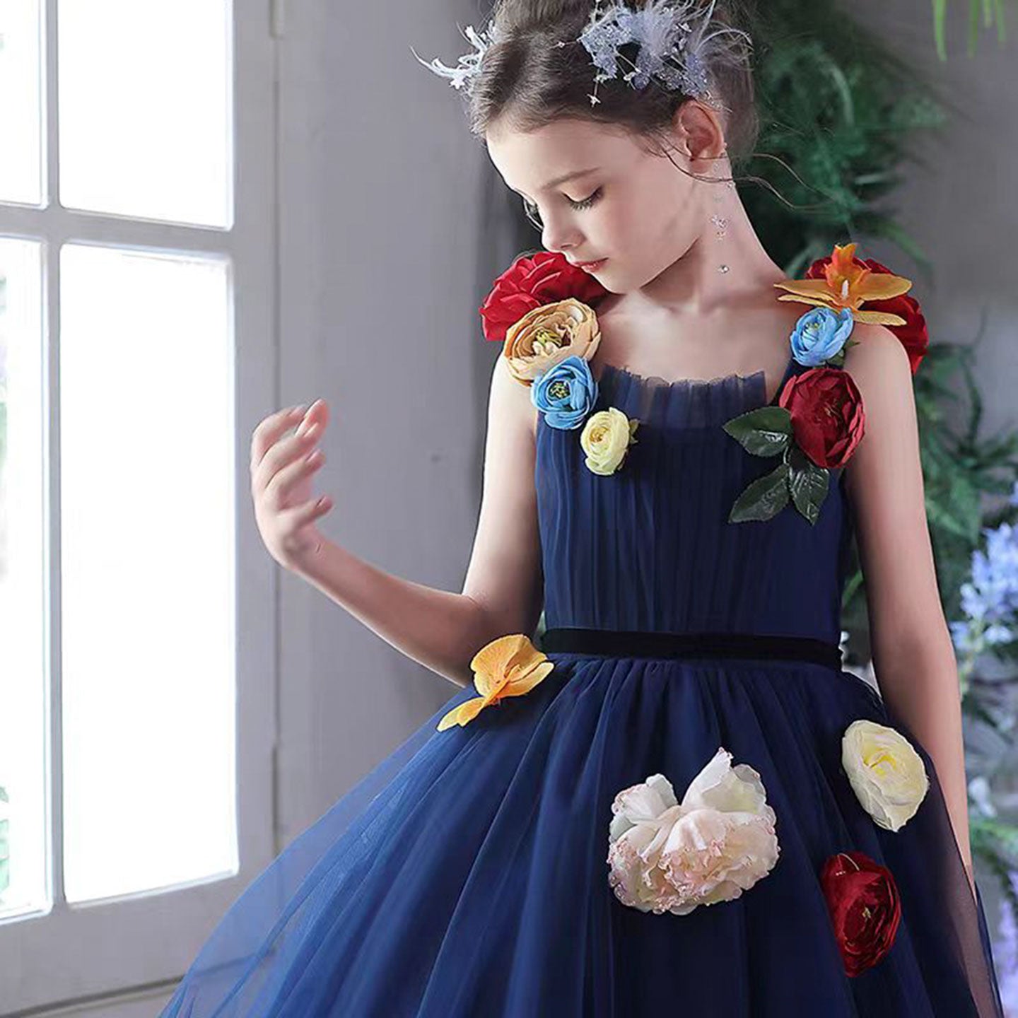 Navy Blue Flower Girl Dress with  Voluminous Tulle Skirt Birthday Party J013