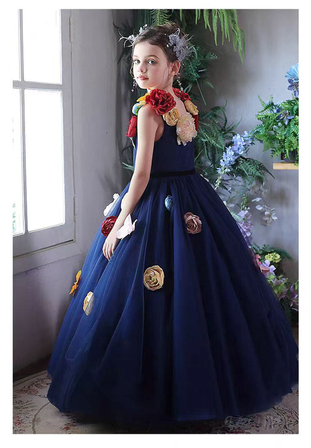 Navy Blue Flower Girl Dress with  Voluminous Tulle Skirt Birthday Party J013