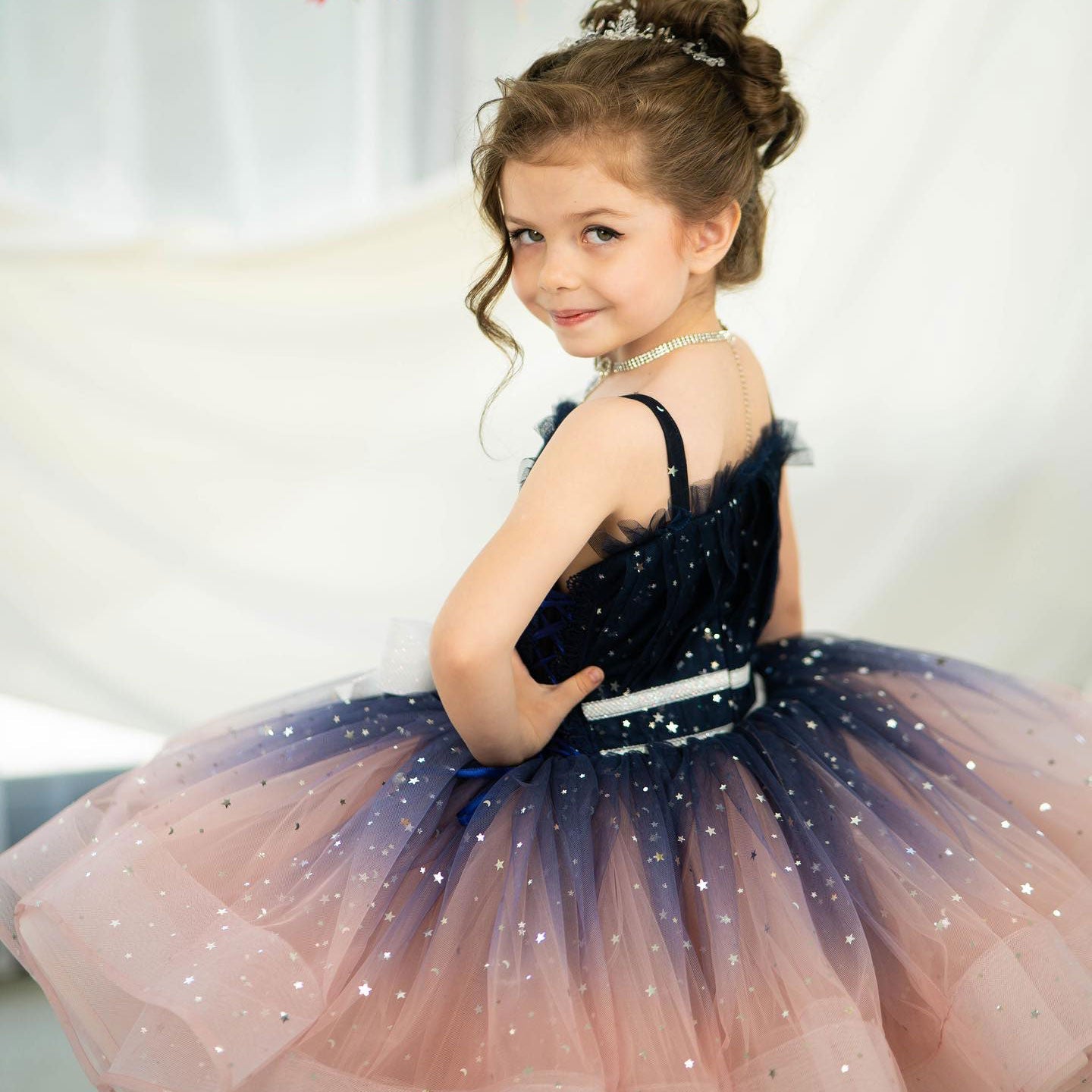 Twinkle Pink Flower Girl Dress with White Bow for Toddler Party D133