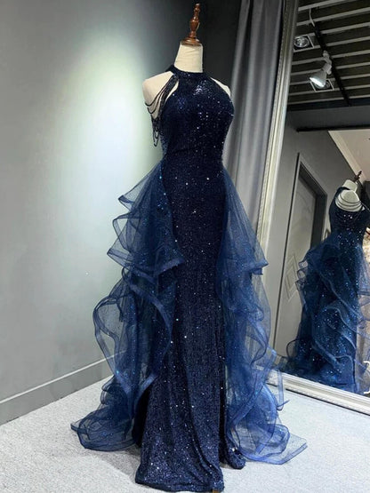 Best Sequin Evening Gowns Formal Weddings Navy Blue Prom Dresses