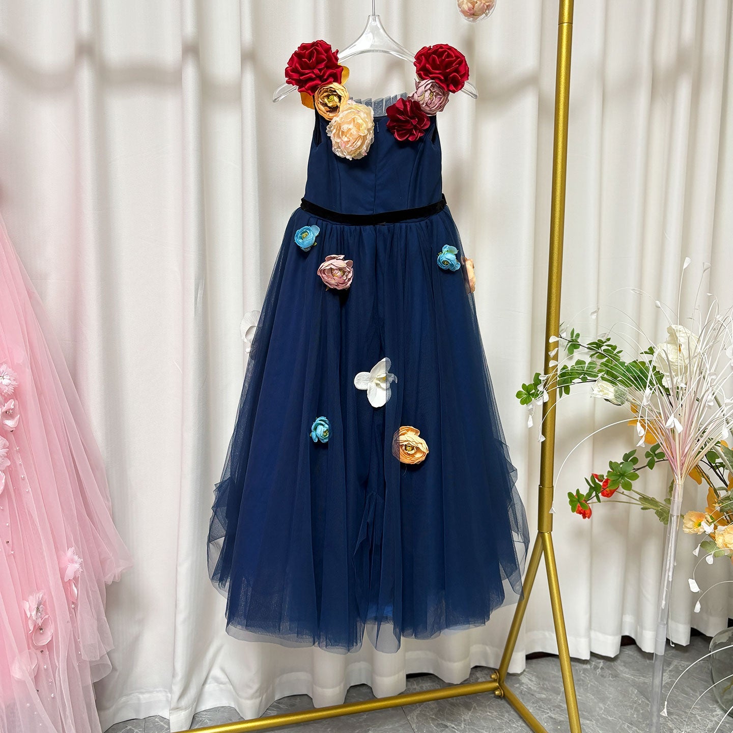 Navy Blue Flower Girl Dress with  Voluminous Tulle Skirt Birthday Party J013