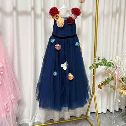 Navy Blue Flower Girl Dress with  Voluminous Tulle Skirt Birthday Party J013