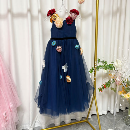 Navy Blue Flower Girl Dress with  Voluminous Tulle Skirt Birthday Party J013