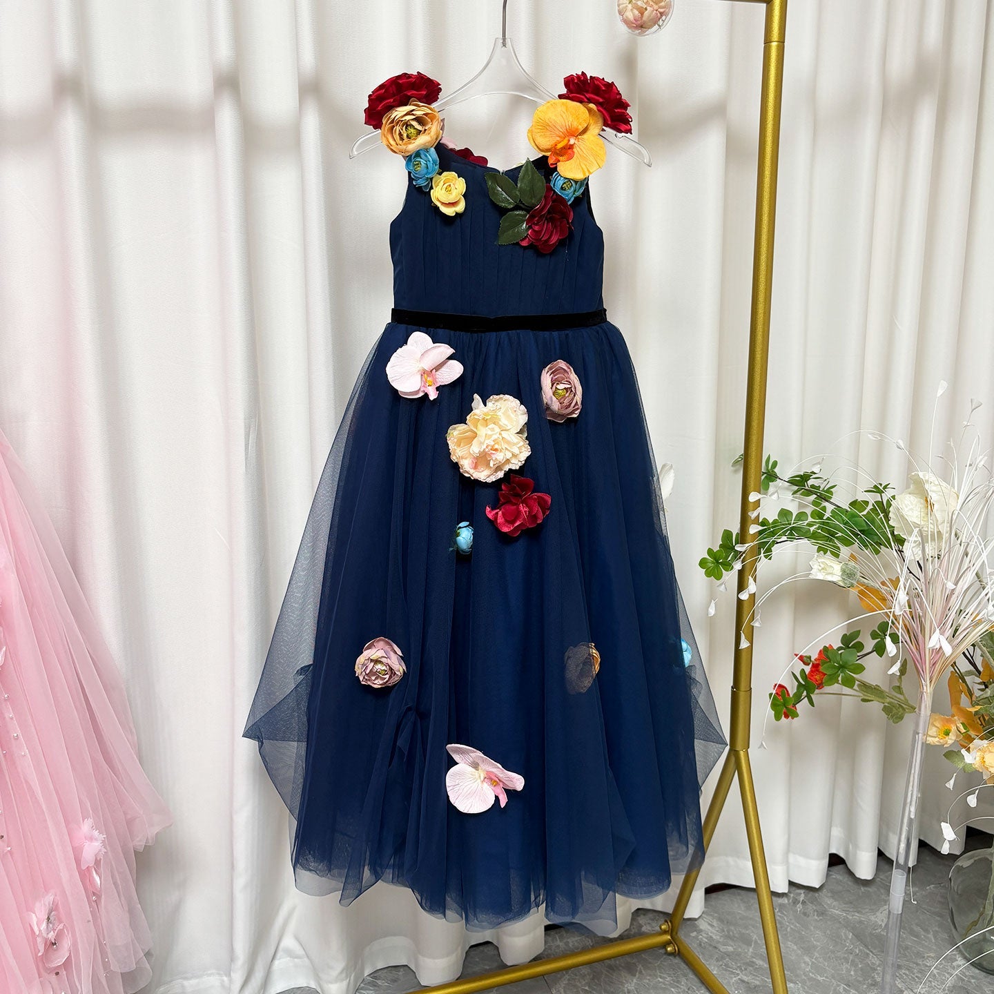 Navy Blue Flower Girl Dress with  Voluminous Tulle Skirt Birthday Party J013
