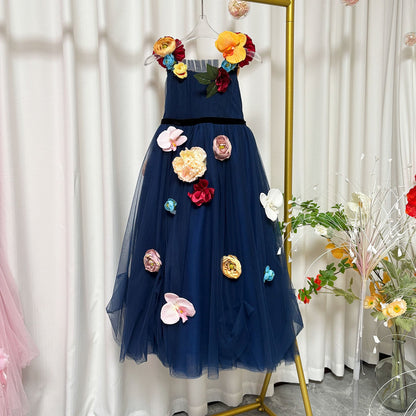 Navy Blue Flower Girl Dress with  Voluminous Tulle Skirt Birthday Party J013
