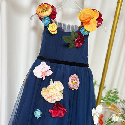 Navy Blue Flower Girl Dress with  Voluminous Tulle Skirt Birthday Party J013
