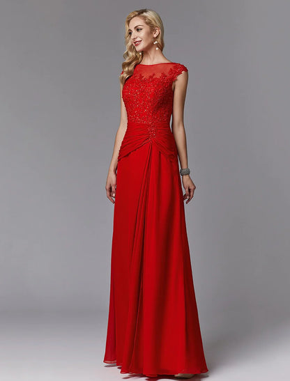 Sheath / Column Mother of the Bride Dress Chinese Style See Through Illusion Detail Boat Neck Floor Length Chiffon Lace Sleeveless with Pleats Beading Appliques