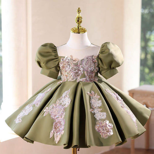 Green Flower Girl Dress Puffy Sleeves for Wedding  Birthday Party D107