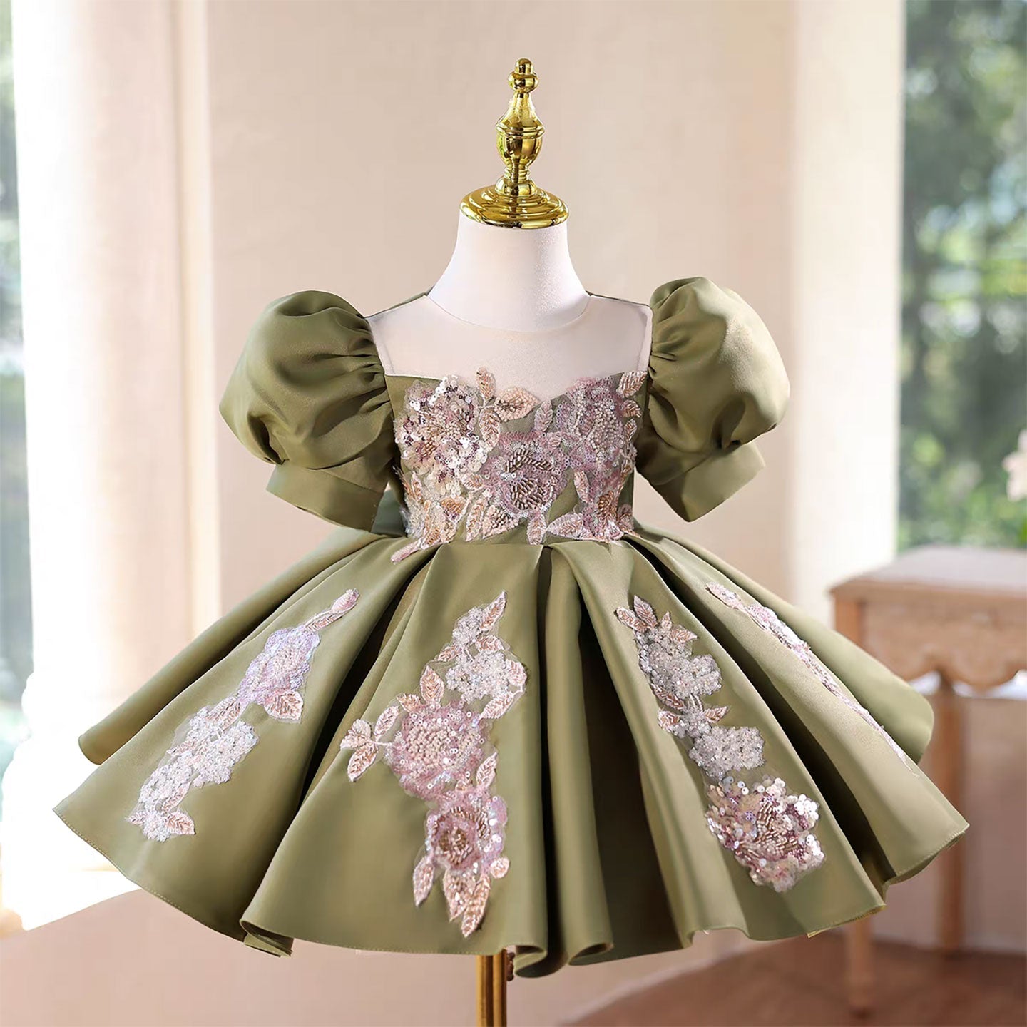 Green Flower Girl Dress Puffy Sleeves for Wedding  Birthday Party D107