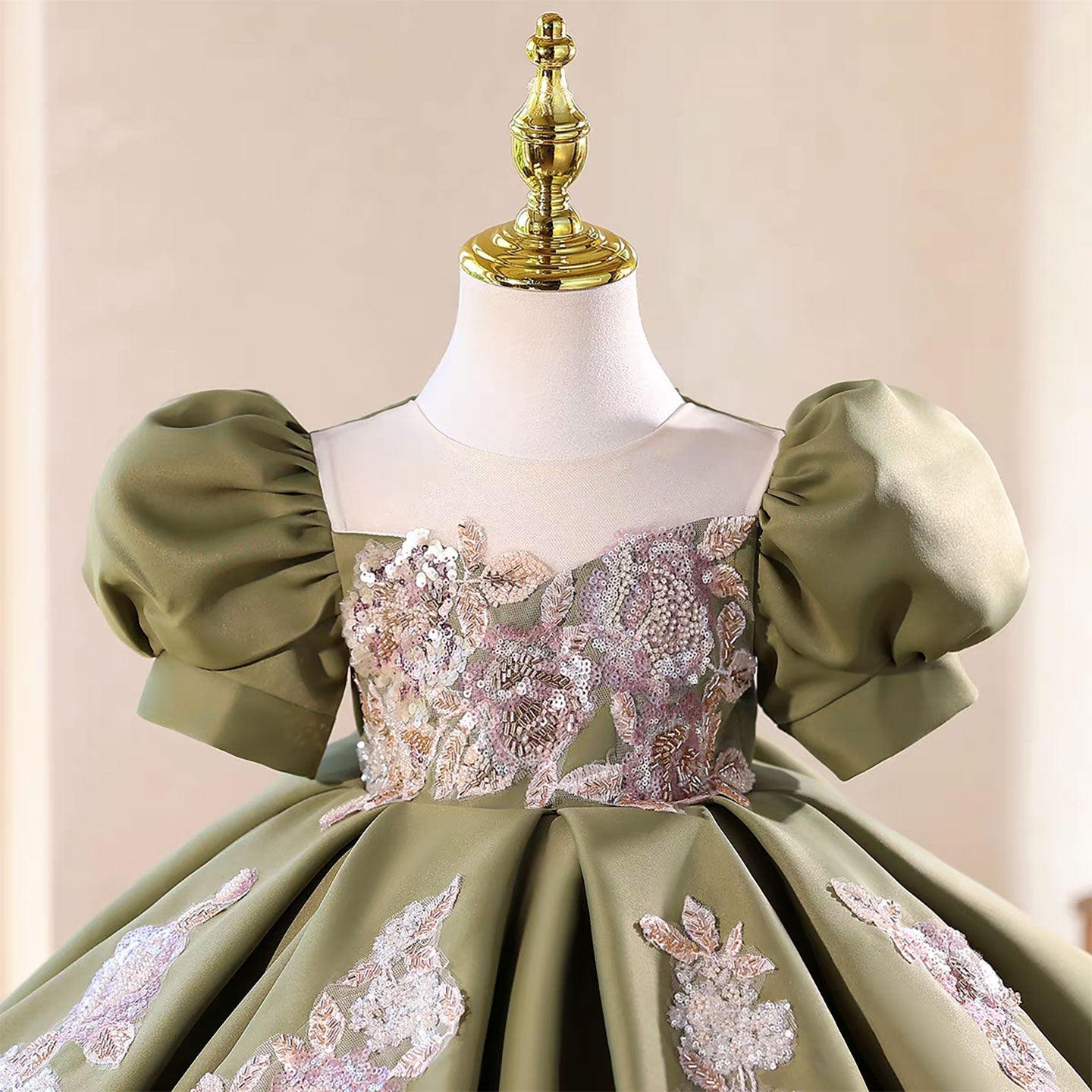 Green Flower Girl Dress Puffy Sleeves for Wedding  Birthday Party D107