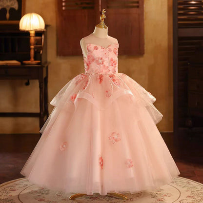 Elegant Pink Pearl Flower Girl Dress for Birthday Pageant D189