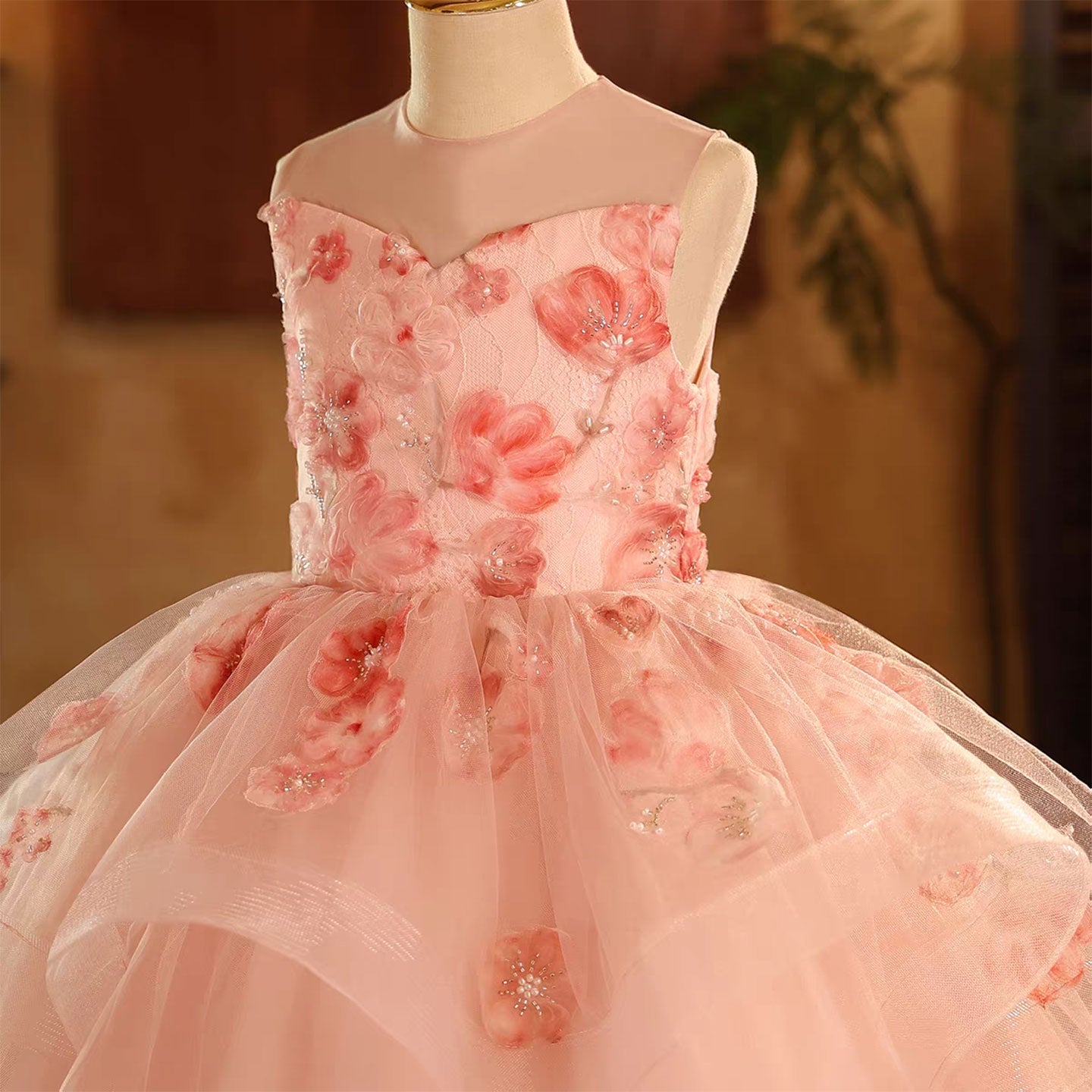Elegant Pink Pearl Flower Girl Dress for Birthday Pageant D189