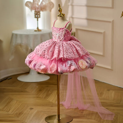 Elegant Flower Girl Dress with Floral Details for Weddings Parties J030