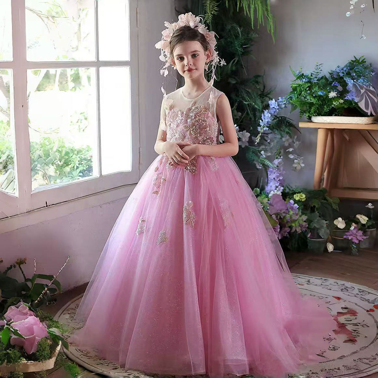 Elegant Beaded Flower Girl Dress for Weddings Birthdays Pageants J147