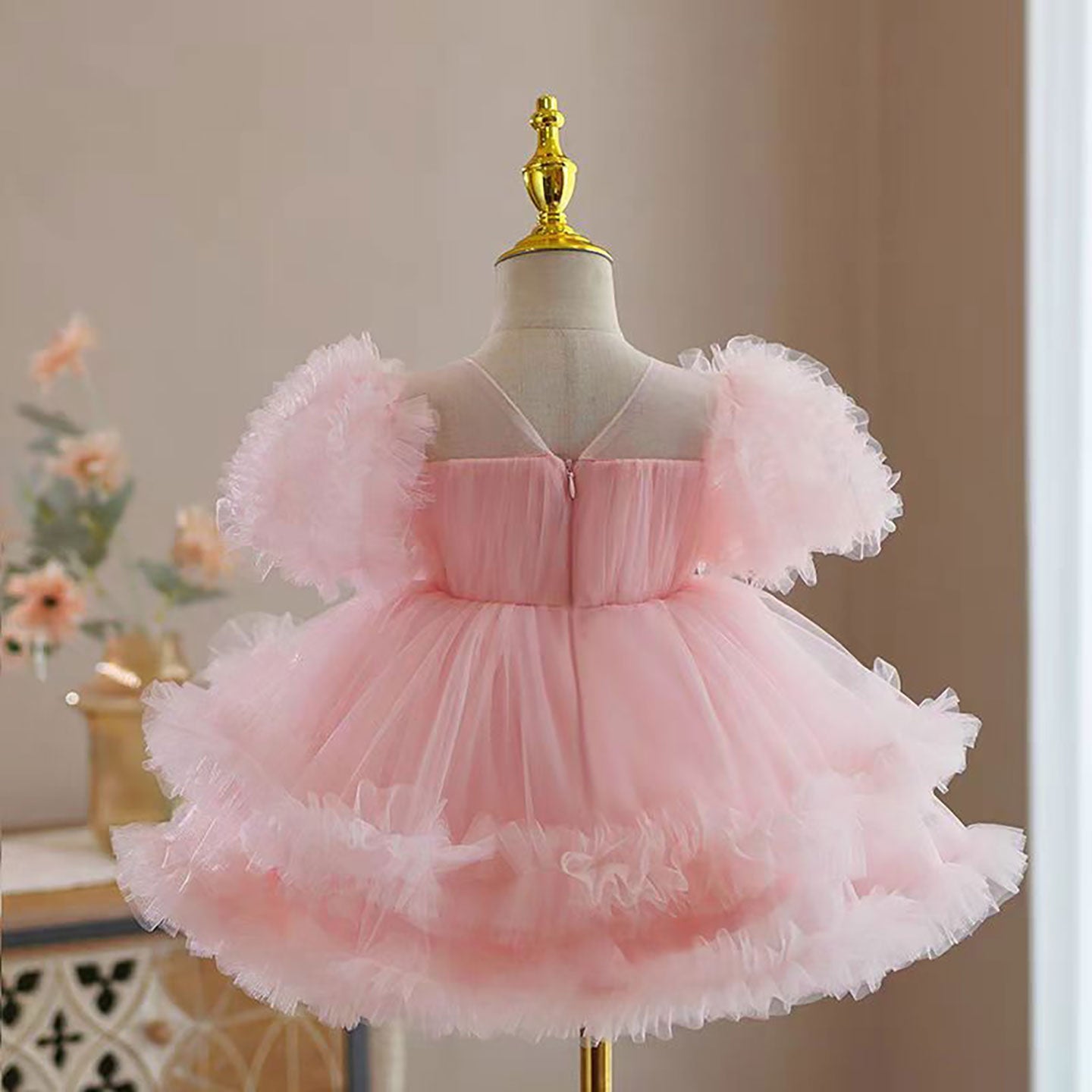 Puff Sleeve Tulle Flower Girl Dress Waist Pearled D077