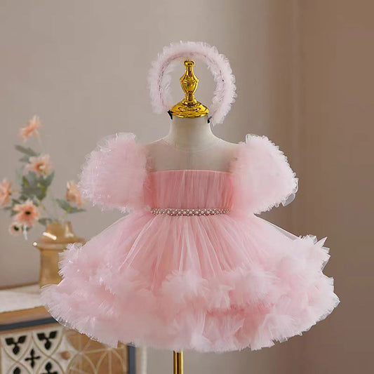 Puff Sleeve Tulle Flower Girl Dress Waist Pearled D077