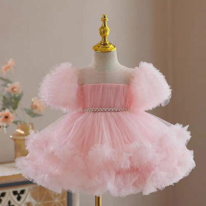 Puff Sleeve Tulle Flower Girl Dress Waist Pearled D077