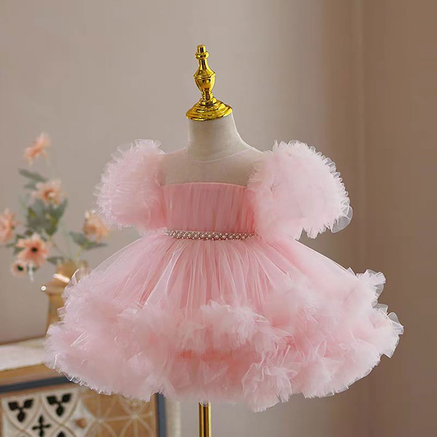 Puff Sleeve Tulle Flower Girl Dress Waist Pearled D077