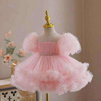 Puff Sleeve Tulle Flower Girl Dress Waist Pearled D077