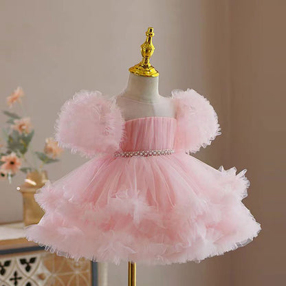 Puff Sleeve Tulle Flower Girl Dress Waist Pearled D077
