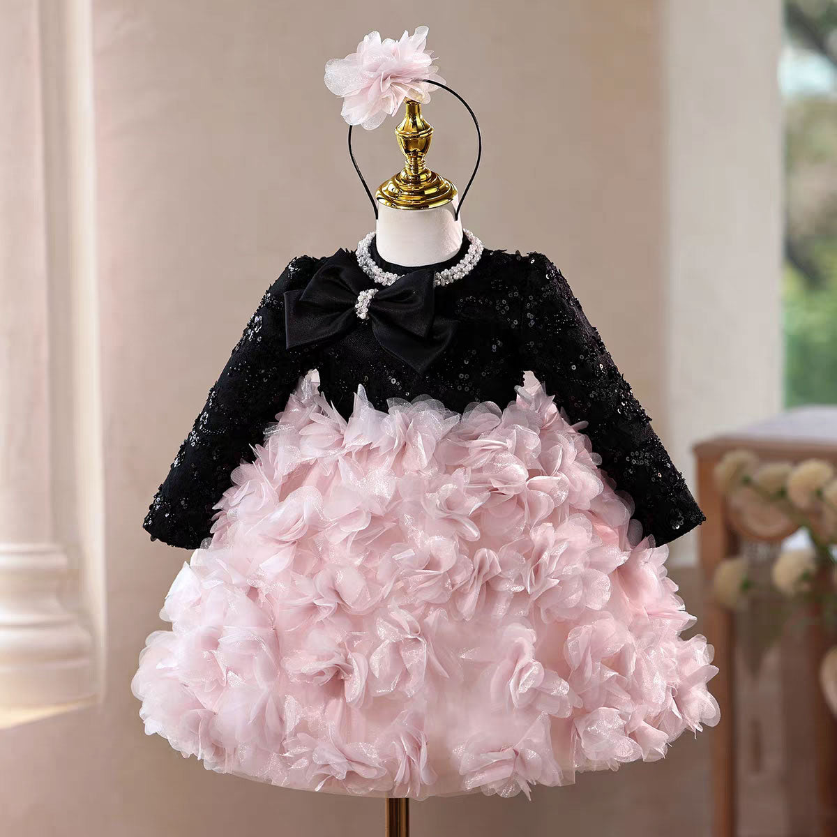 Elegant Pink Long Sleeve Princess Girl Dress for Birthday Party J599