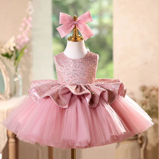 Fairy Pink Birthday Flower Girl Dress with Sequins and Flouncy Layers J577