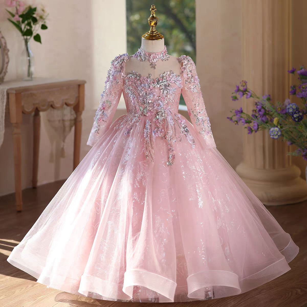 Elegant Pink Flower Girl Dress Princess Birthday Party Gown D183