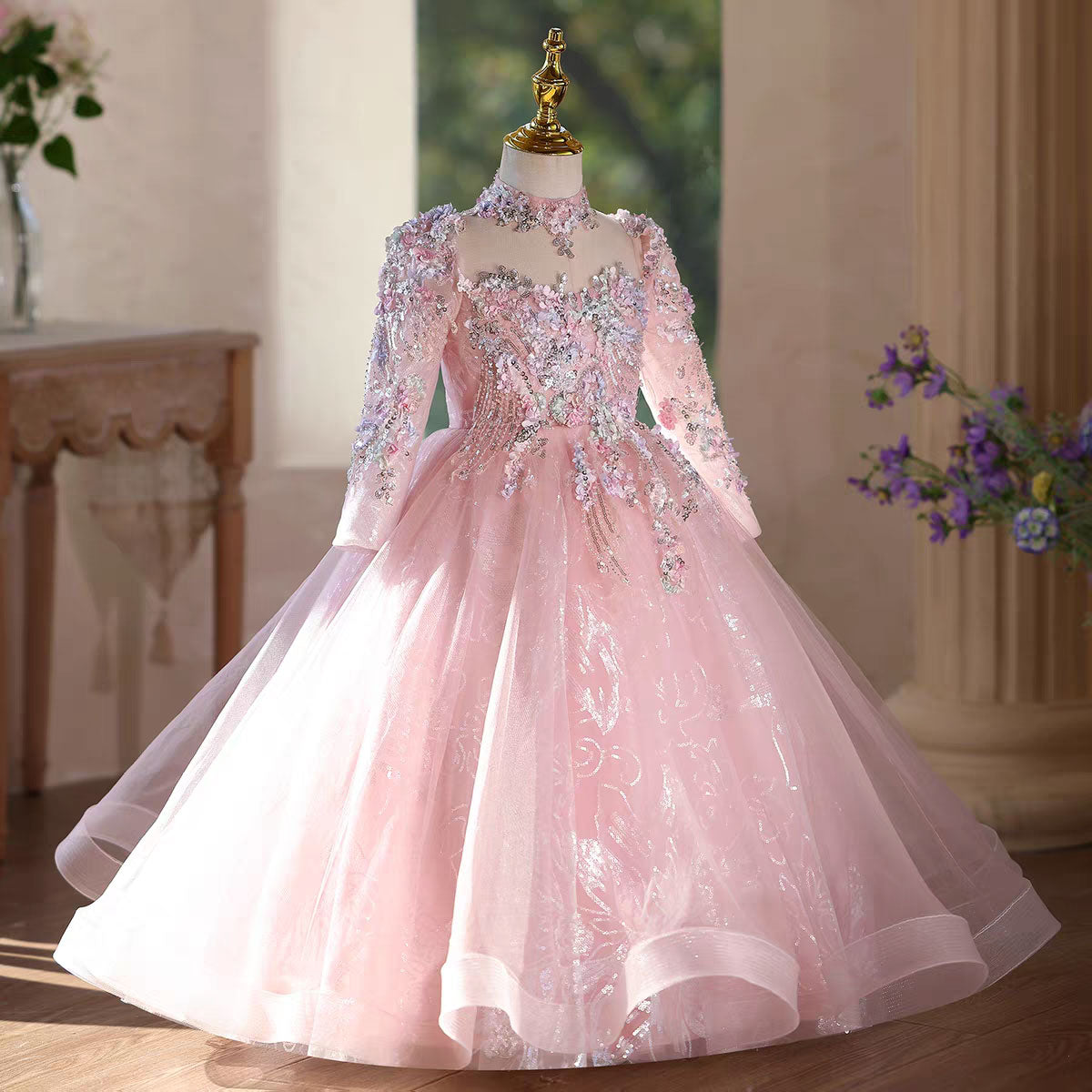 Elegant Pink Flower Girl Dress Princess Birthday Party Gown D183