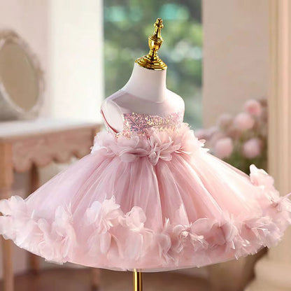 Flowers Knee Length 1 St Birthday Princess Girl Dress D094