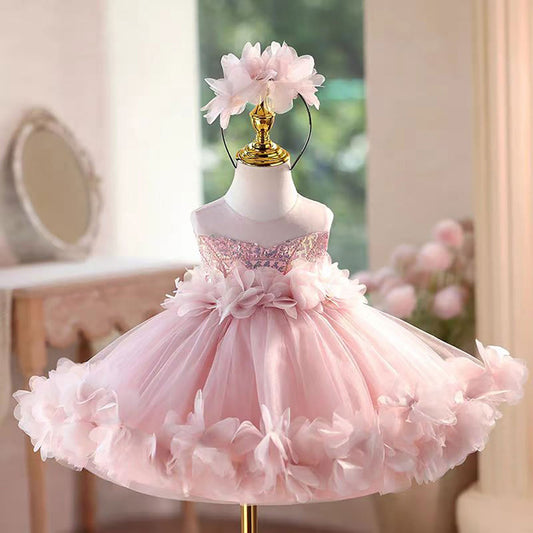 Flowers Knee Length 1 St Birthday Princess Girl Dress D094
