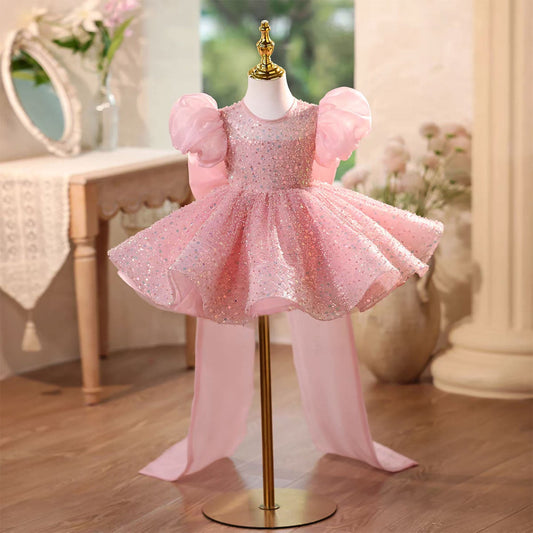 Sparkling Pink Flower Girl Dress with Puffy Sleeves Knee Length D111